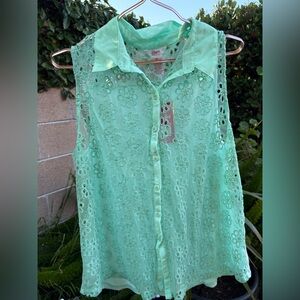 CANDIES Y2K- Teal Sleeveless Lace Blouse